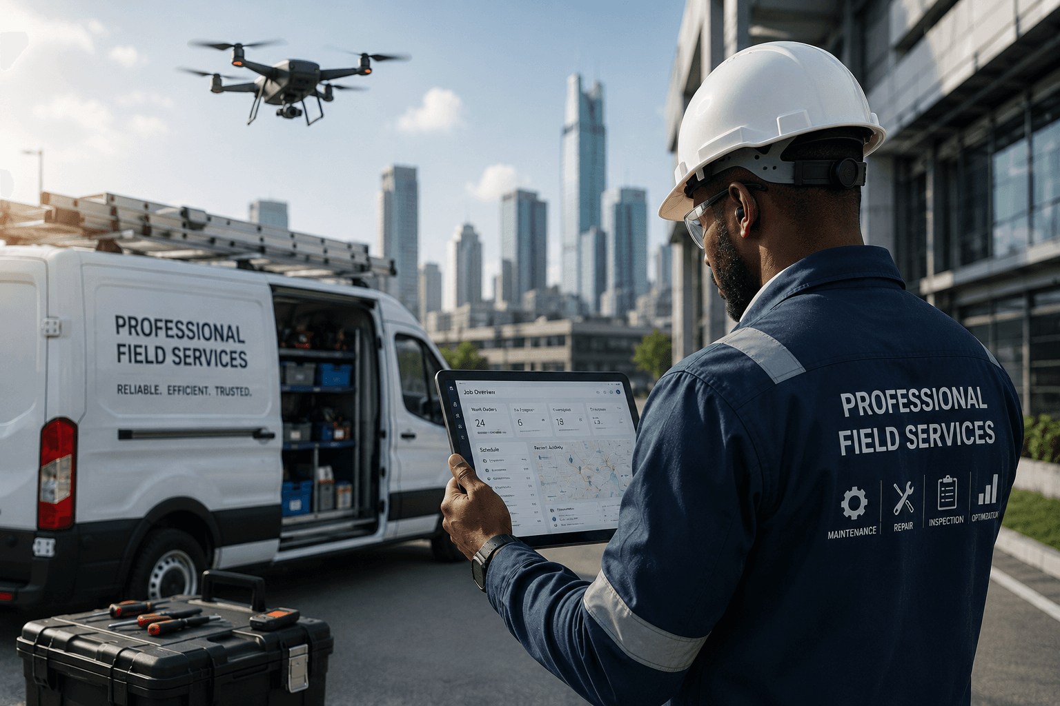Field service professional coordinating work with a connected tablet